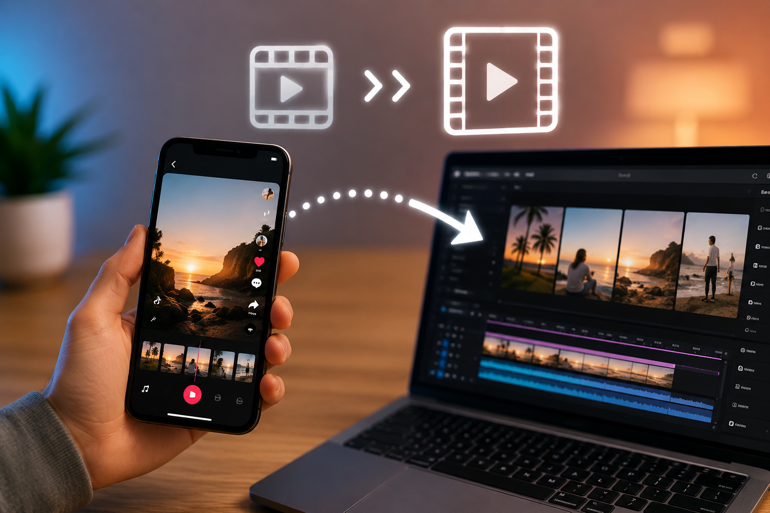 Auf dem Telefon wird ein Video angezeigt, das zwischen zwei TikTok-Diashow-Bildern übergeht