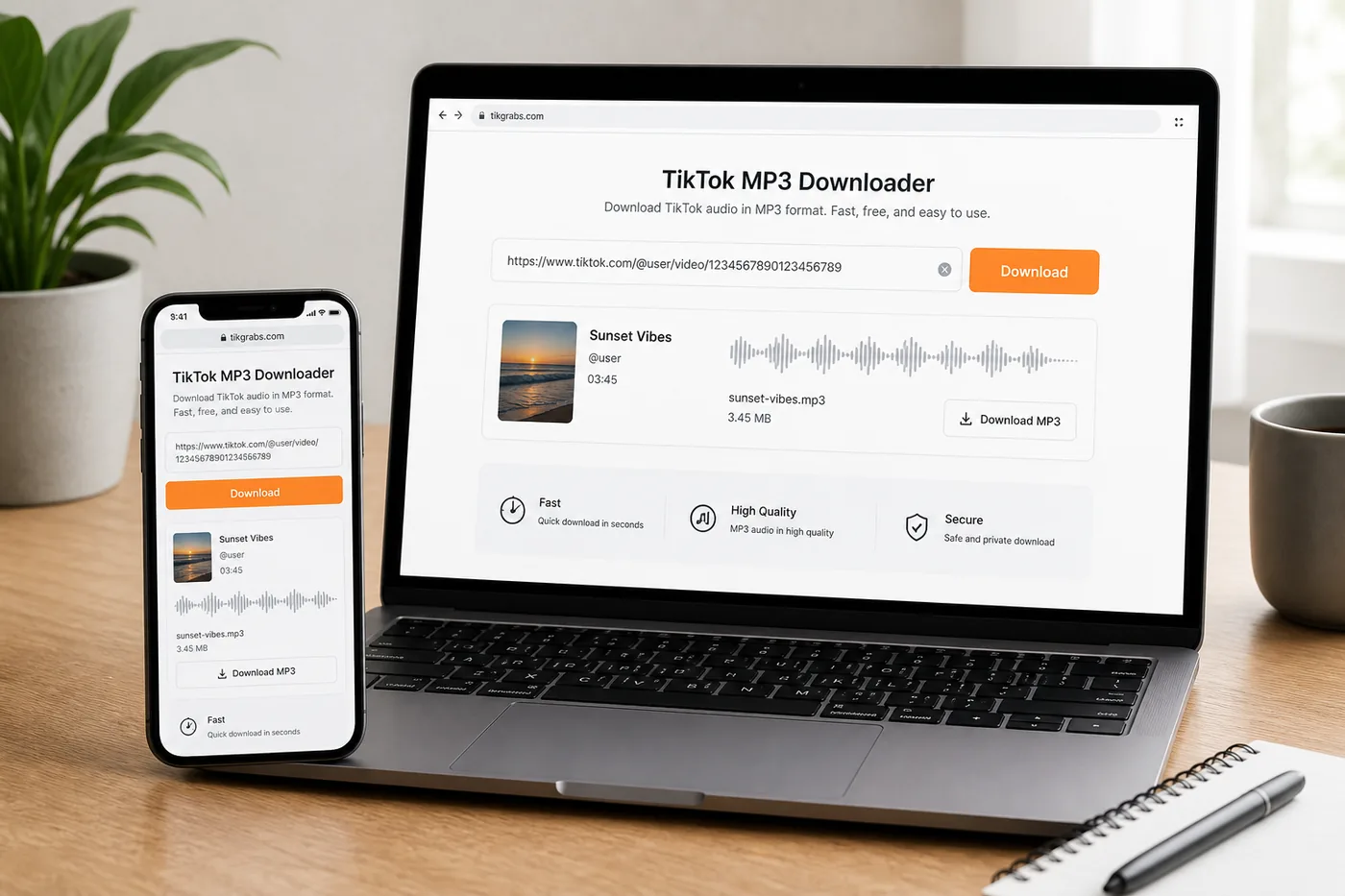 TikTok MP3 Downloader on phone and laptop
